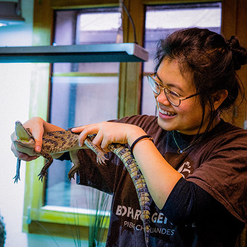 Personnel du Bioparc tenant un bébé aligator